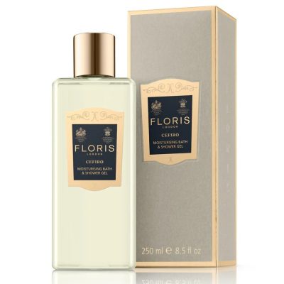 The Floris London Cefiro Moisturising Bath & Shower Gel, 250ml, features a gold cap and a beige label, with the bottle beside its box.