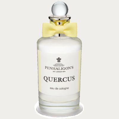 A 100ml bottle of Penhaligon's Quercus eau de parfum adorned with a yellow bow tie on the neck.