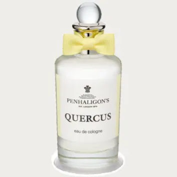 A 100ml bottle of Penhaligon's Quercus eau de parfum adorned with a yellow bow tie on the neck.