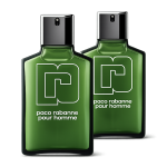 Two green rectangular bottles of 2x Paco Rabanne Pour Homme EDT for Men (100ml Spray) with black caps are placed side by side on a white background.
