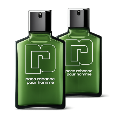 Two green rectangular bottles of 2x Paco Rabanne Pour Homme EDT for Men (100ml Spray) with black caps are placed side by side on a white background.