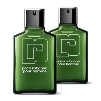Two green rectangular bottles of 2x Paco Rabanne Pour Homme EDT for Men (100ml Spray) with black caps are placed side by side on a white background.