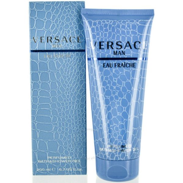 The Versace Man Eau Fraiche Bath & Shower Gel 200ml comes in a blue tube with a matching textured box.