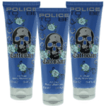 Three 100ml blue tubes of Police To Be Tattooart Shower Gel for Men, each featuring a skull and rose design on the front.