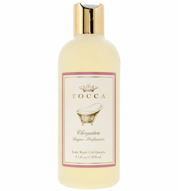 A 270 ml bottle of Tocca Cleopatra Body Wash Shower Gel for Women, featuring a gold cap and an illustrated vintage bathtub on the label.