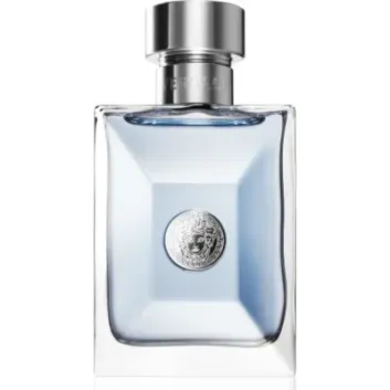 A clear glass bottle of Versace New Homme Deodorant Spray 100ml with a silver cap and Medusa emblem on the front, filled with light blue liquid.