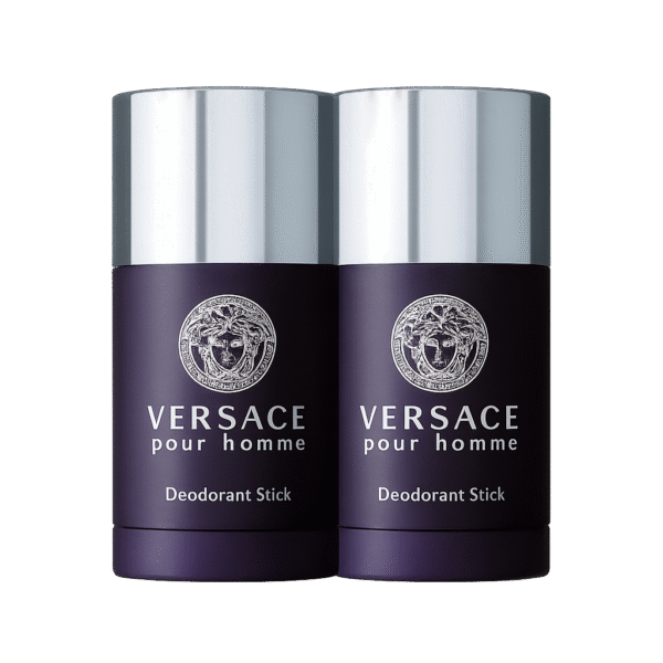 Two Versace New Homme Deodorant Sticks (75ml each) with dark purple bodies and silver caps are placed side by side against a plain white background.