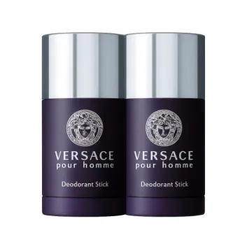 Two Versace New Homme Deodorant Sticks (75ml each) with dark purple bodies and silver caps are placed side by side against a plain white background.