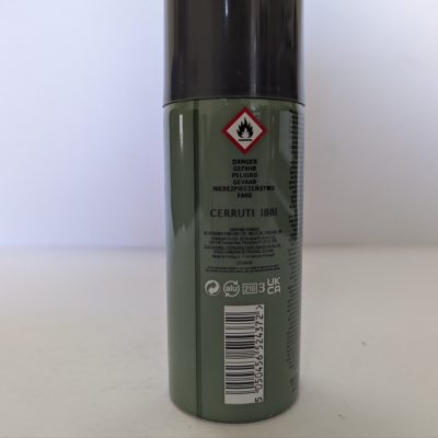 Two green and black cylindrical cans of Cerruti 1881 Pour Homme Deodorant Spray for Men, 150ml each, featuring a flammable warning symbol and product information label on the back.