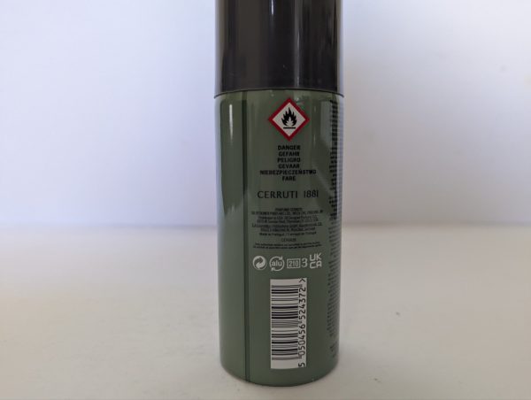 Two green and black cylindrical cans of Cerruti 1881 Pour Homme Deodorant Spray for Men, 150ml each, featuring a flammable warning symbol and product information label on the back.