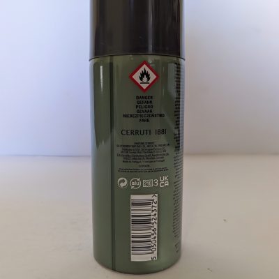 A green 150ml can of Cerruti 1881 Pour Homme Deodorant Spray for Men displays a flammable warning symbol and safety instructions on the back label.