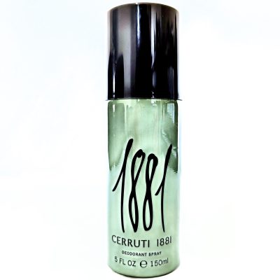 A 150ml bottle of Cerruti 1881 Pour Homme Deodorant Spray for Men with a black cap and light green body, labeled "1881" and "Cerruti 1881.