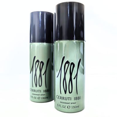 Two bottles of Cerruti 1881 Pour Homme Deodorant Spray for Men, each 150ml, with black caps, are displayed against a white background.