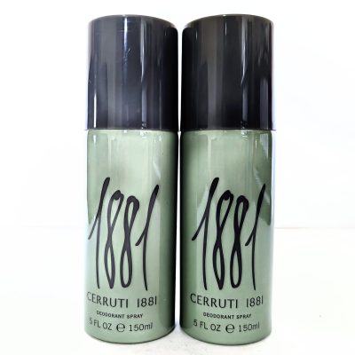 Two cans of Cerruti 1881 Pour Homme Deodorant Spray for Men, 150ml each, are placed side by side on a white background.