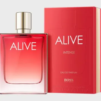 A bottle and box of Hugo Boss Alive Intense EDP Spray 50ml for Women, with a red gradient design and white text, displayed against a plain background.
