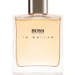 A clear rectangular bottle of Hugo Boss Boss in Motion EDT for Men, 100ml, features a gold cap and light amber liquid inside.
