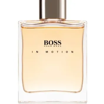 A clear rectangular bottle of Hugo Boss Boss in Motion EDT for Men, 100ml, features a gold cap and light amber liquid inside.