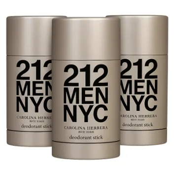 Three 75ml sticks of Carolina Herrera 212 NYC Men Deodorant are displayed side by side, showcasing the product name and branding on each label.