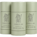 Three Cerruti 1881 Pour Homme Deodorant Sticks for Men, 75ml each, are arranged side by side.