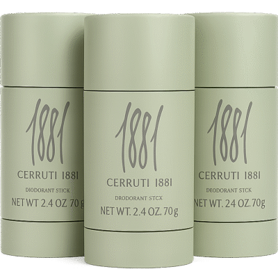 Three Cerruti 1881 Pour Homme Deodorant Sticks for Men, 75ml each, are arranged side by side.