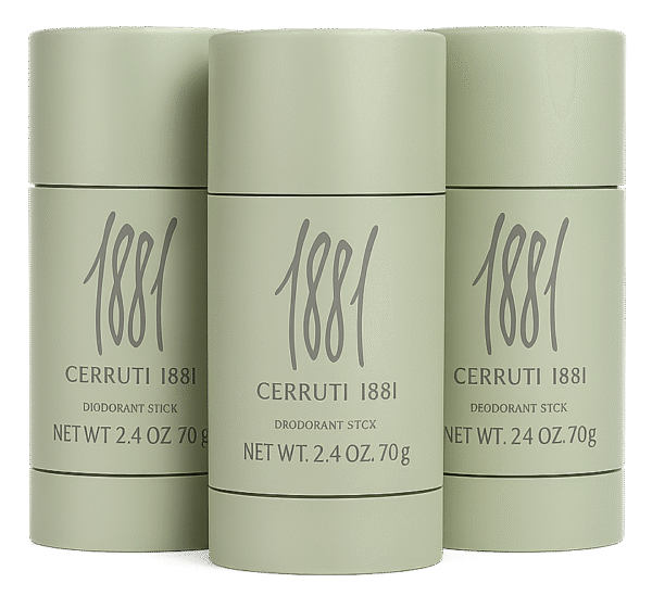 Three Cerruti 1881 Pour Homme Deodorant Sticks for Men, 75ml each, are arranged side by side.