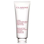 A white tube of Clarins Skincare Hand & Nail Treatment Cream 100ml, featuring red text and designed to soften hands and strengthen nails.