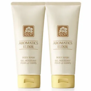 Two 200ml tubes of Clinique Aromatics Elixir Body Smoother with beige packaging, gold accents, and floral logo standing upright side by side.