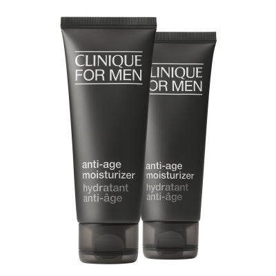 Two 100ml tubes of Clinique for Men Anti-Aging Moisturizer stand upright against a white background, each featuring bilingual English and French labeling.