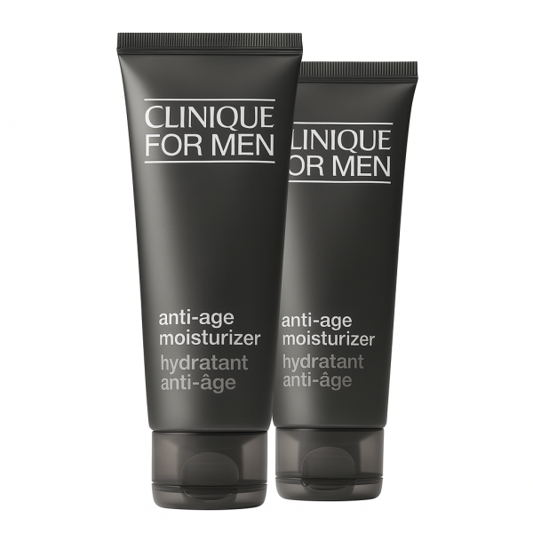 Two 100ml tubes of Clinique for Men Anti-Aging Moisturizer stand upright against a white background, each featuring bilingual English and French labeling.