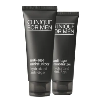 Two 100ml tubes of Clinique for Men Anti-Aging Moisturizer stand upright against a white background, each featuring bilingual English and French labeling.
