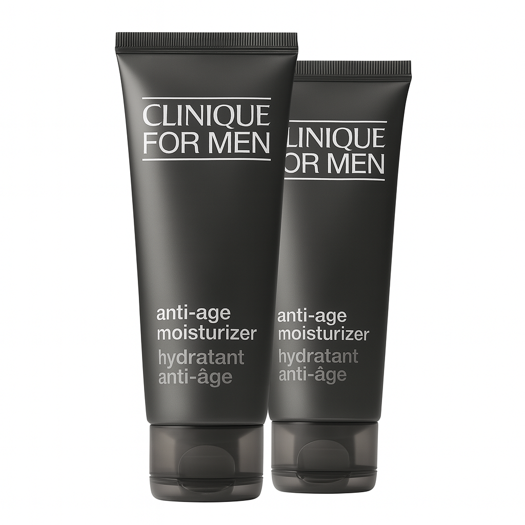 Two 100ml tubes of Clinique for Men Anti-Aging Moisturizer stand upright against a white background, each featuring bilingual English and French labeling.
