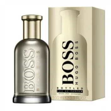 A bottle of Hugo Boss Bottled EDP 100ml for Men is shown beside its gold packaging, both with bold black text and a sleek design.