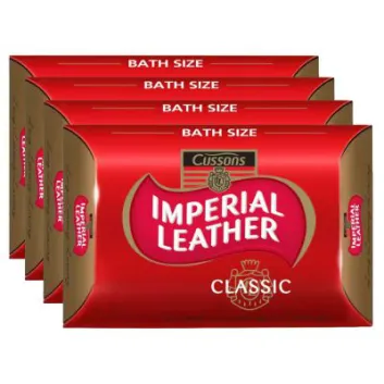 Four 115g bars of Imperial Leather Classic Soap (4 pack) are shown in red and gold packaging with the product name visible.
