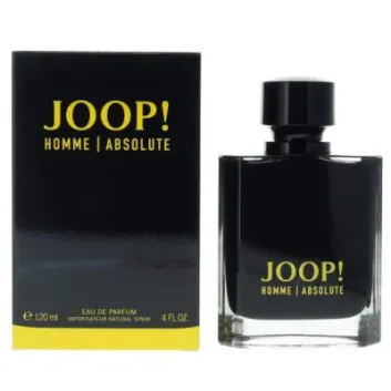 A black bottle of Joop! Homme Absolute EDP Spray for Men, 80ml, is placed beside its coordinating black and yellow box, both featuring product details.
