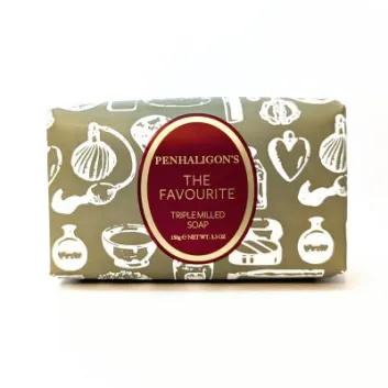 Rectangular bar of Penhaligon's The Favourite triple-milled soap in decorative grey and white packaging with a red oval label on the front. Buy soap online for a touch of luxury delivered to your door.