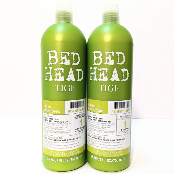 Two green bottles of Bed Head TIGI Urban Antidotes Re-Energize Level 1 Shampoo, each 25.36 fl oz (750 ml), standing side by side on a white background.