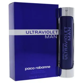 A 100ml bottle and box of Paco Rabanne Ultraviolet Man EDT Spray featuring a dark blue and silver design.