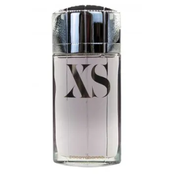 A clear glass bottle of Paco Rabanne XS EDT Eau De Toilette Spray for Men features a silver cap and bold "XS" lettering on the front.