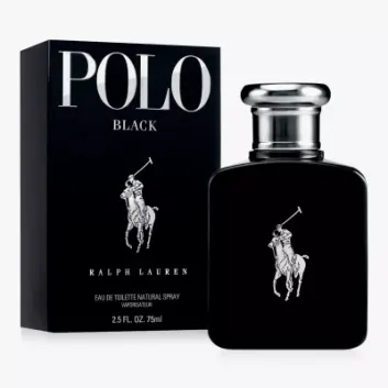 A black bottle and box of Ralph Lauren Polo Black EDT 125ml Spray for Men, both displaying a white polo player logo and silver text.