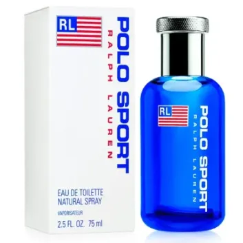A blue bottle of Ralph Lauren Polo Sport 125ml EDT Spray for Men sits beside its white box, both displaying the brand logo and flag design.