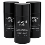 Three 75g (2.6 oz) Gio Armani Code Deodorant Sticks are arranged upright against a white background.