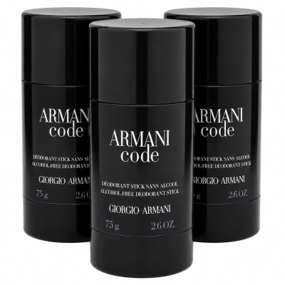 Three 75g (2.6 oz) Gio Armani Code Deodorant Sticks are arranged upright against a white background.