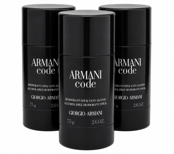 Three 75g (2.6 oz) Gio Armani Code Deodorant Sticks are arranged upright against a white background.