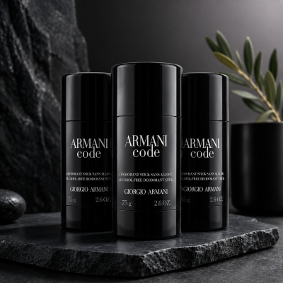 Three 3x Gio Armani Code Deodorant Sticks are arranged on a dark stone surface, complemented by a plant and rocks in the background to evoke a sleek, modern aesthetic.