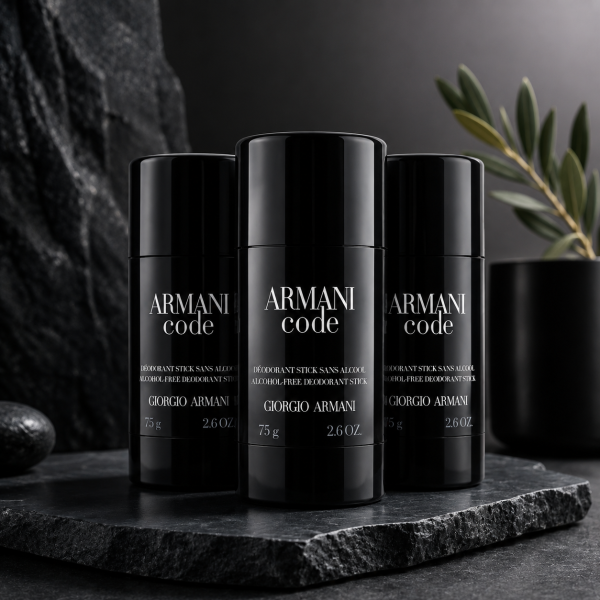 Three 3x Gio Armani Code Deodorant Sticks are arranged on a dark stone surface, complemented by a plant and rocks in the background to evoke a sleek, modern aesthetic.