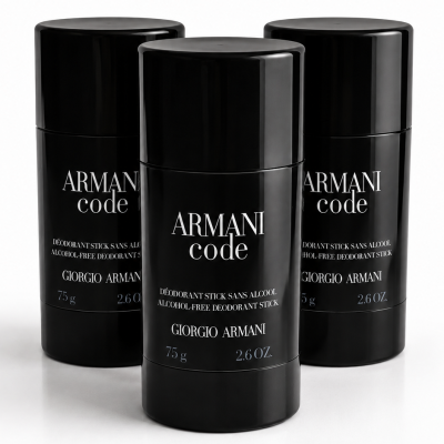 Three 3x Gio Armani Code Deodorant Sticks, each 75g (2.6 oz), with black cylindrical packaging displayed against a white background.