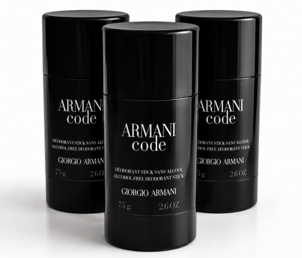 Three 3x Gio Armani Code Deodorant Sticks, each 75g (2.6 oz), with black cylindrical packaging displayed against a white background.