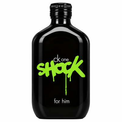 Black glass Calvin Klein CK One Shock EDT 100ml Spray for Men bottle with “ck one SHOCK for him” printed in lime green and white text.