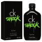 A black box and bottle of Calvin Klein CK One Shock EDT 100ml Spray for Men, both featuring green 