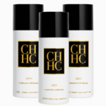 Three cans of Carolina Herrera CH for Men Deodorant Spray 150ml, each with a black cap and white body featuring a black and gold label.